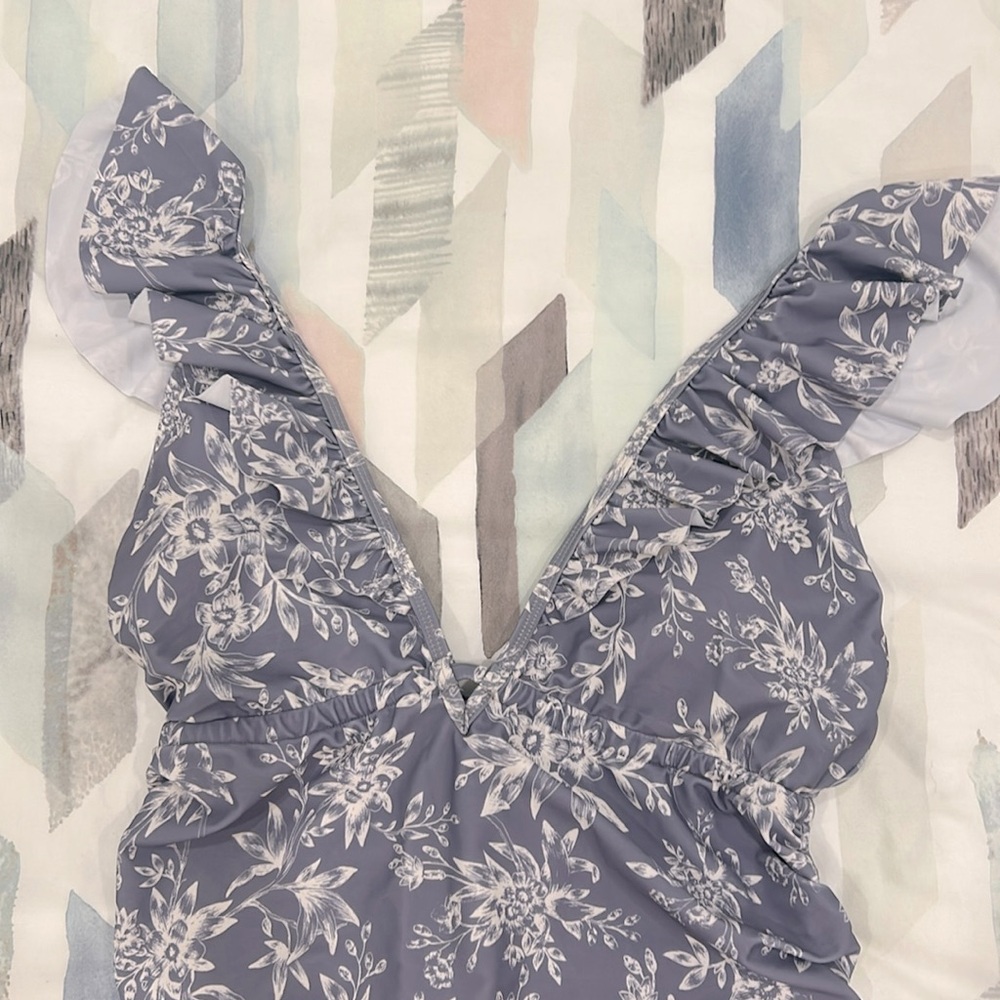 Blue and white floral maternity one piece bathing suit with ruffles - Picture 2 of 10